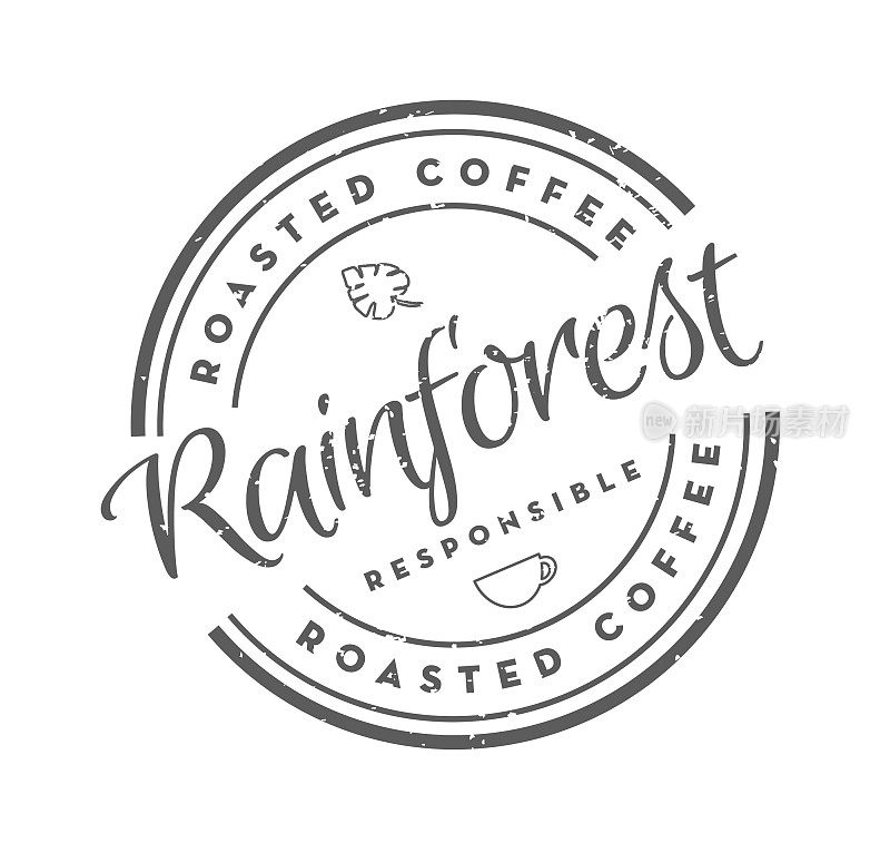 Sustainable Rainforest Roasted Coffee round labels on coffee bean on white background